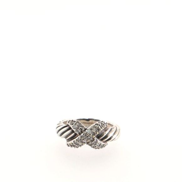 David Yurman Cable X Ring Sterling Silver with 18k White Gold and Diamonds - - Picture 1 of 5